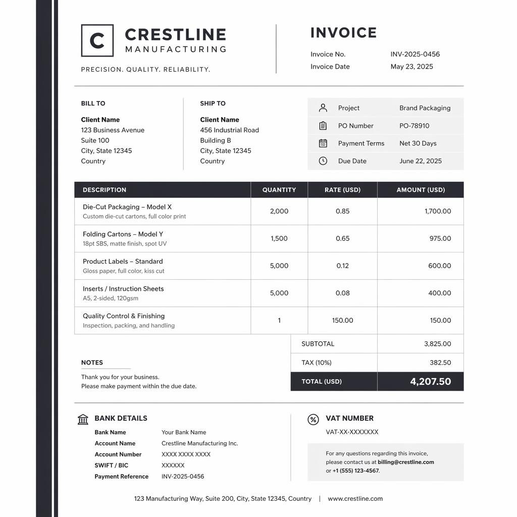 A4 portrait illustrator invoice template with monochrome grid layout, side accent stripe, itemized table, totals, and bank placeholders.