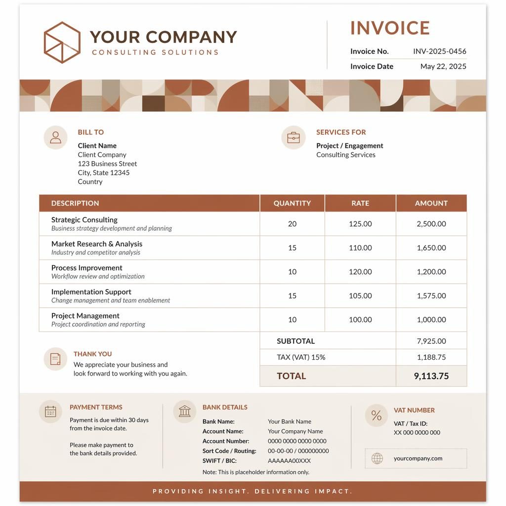 A4 portrait consulting invoice template with warm earth tones, geometric accent band, itemized table, totals, and bank placeholders.