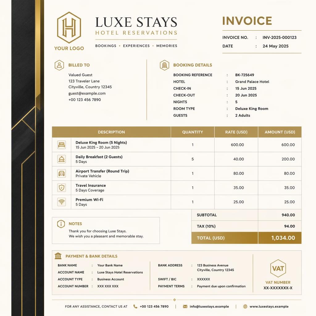 A4 portrait luxury invoice template in gold and cream with header, itemized table, totals, and placeholder bank details.