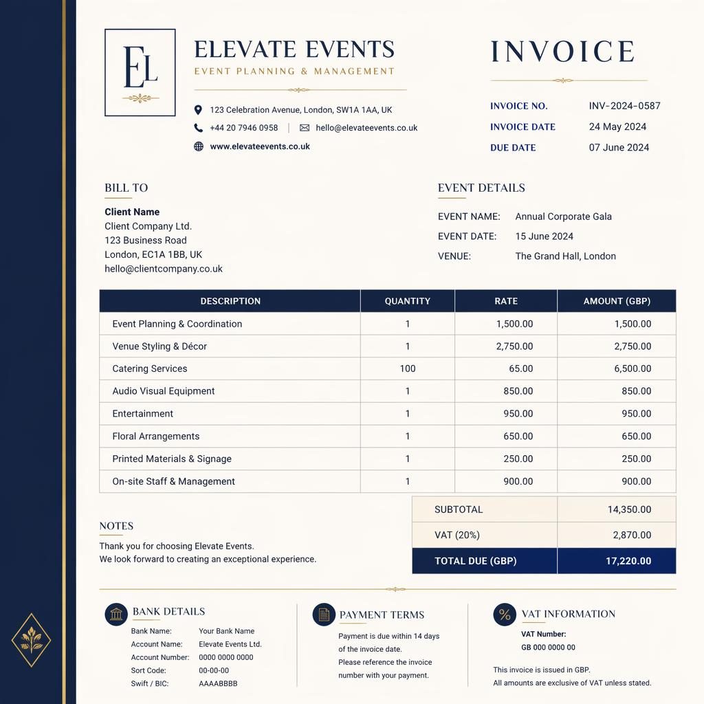A4 portrait invoice template with navy and cream palette, serif styling, side accent stripe, itemized table, totals, and bank placeholders.