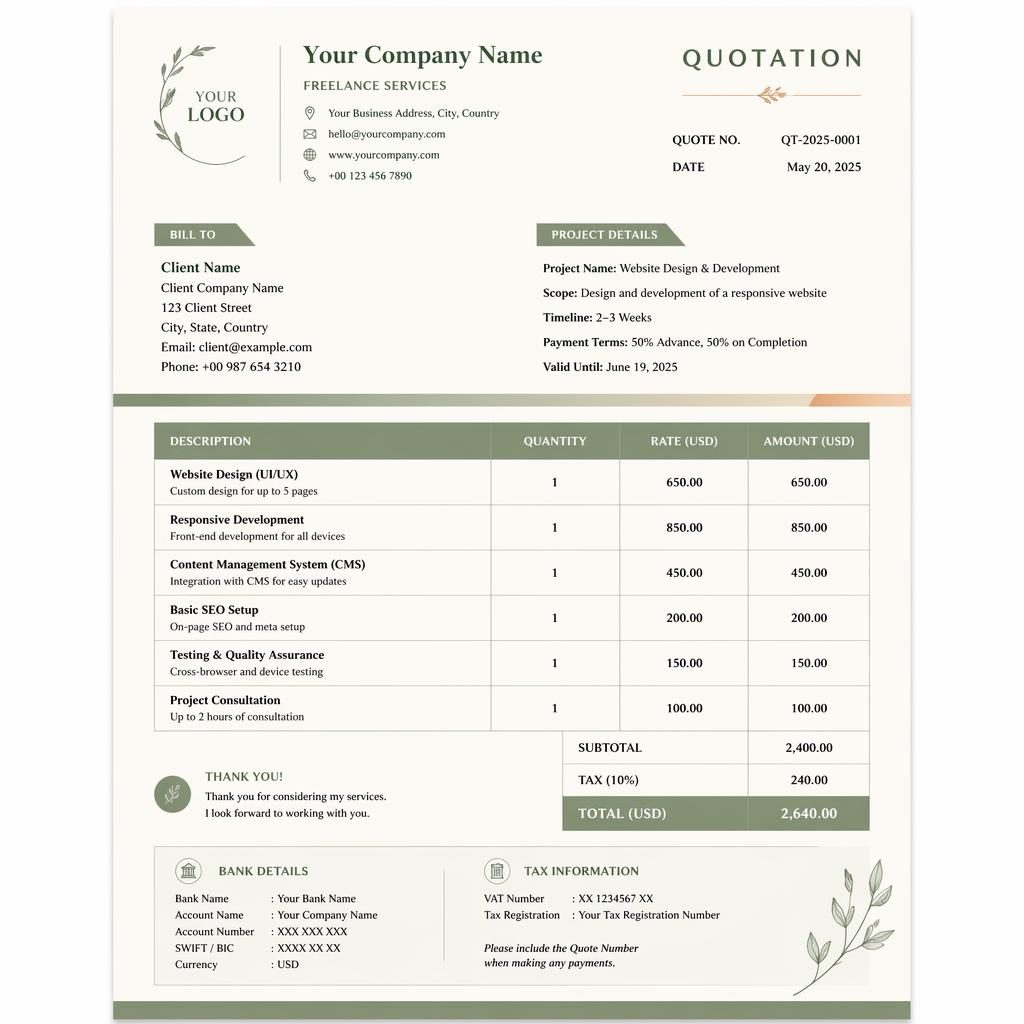 A4 portrait invoice template in sage and ivory with header, itemized table, totals, and placeholder bank details.