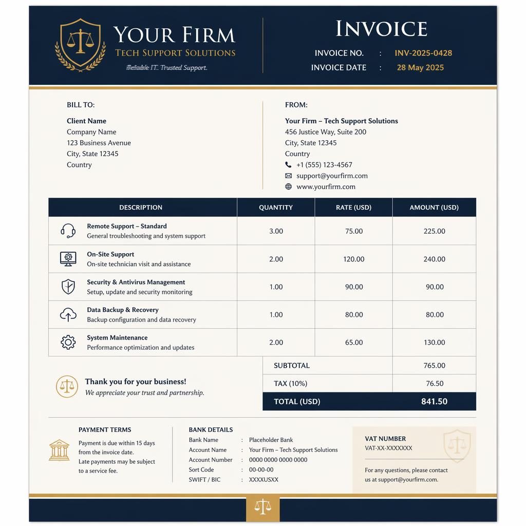 A4 portrait tech support invoice template in navy and cream with classic header, itemized table, totals, and bank placeholders.