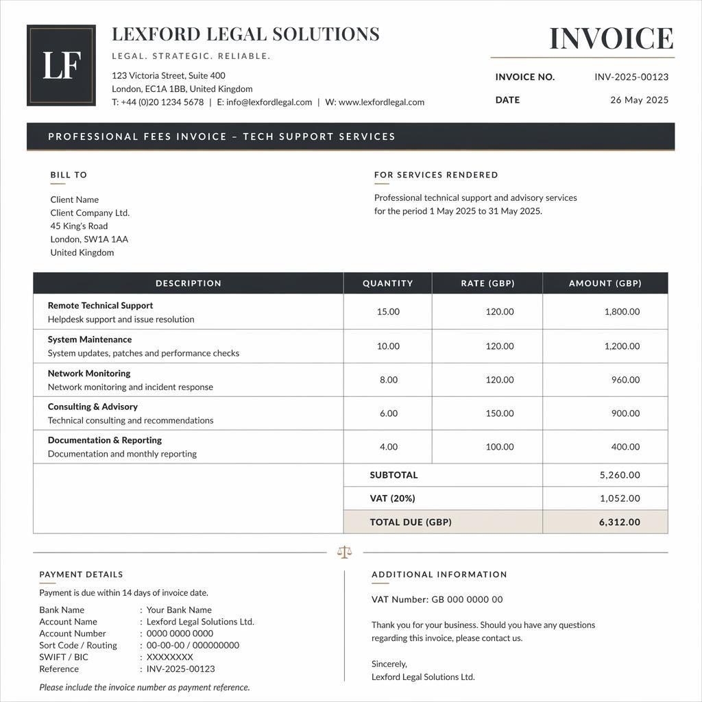 A4 portrait invoice template with classic monochrome layout, header, fee table, totals, and placeholder bank details.