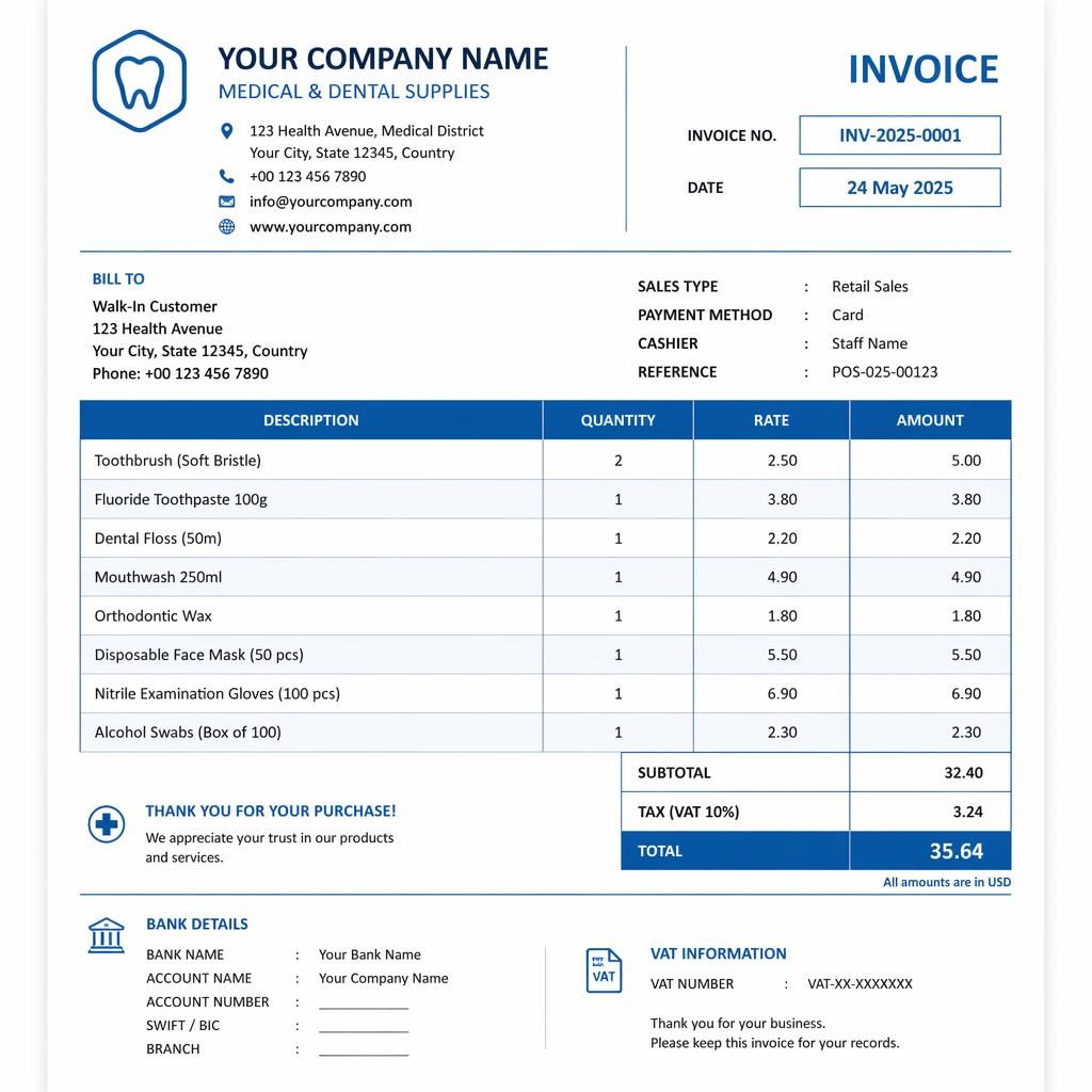 A4 portrait retail sales receipt template with blue header, itemized table, totals, and placeholder bank details.
