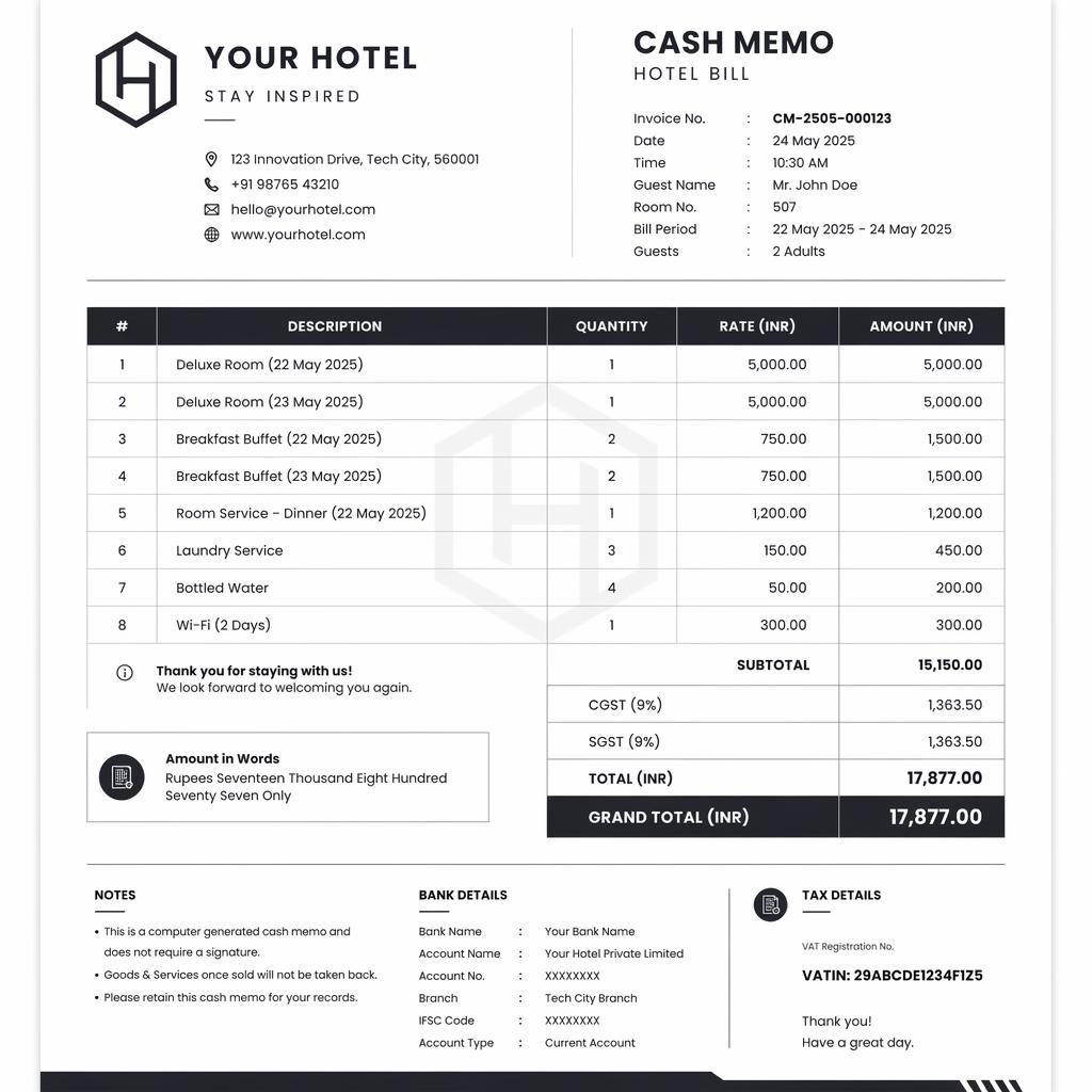 A4 portrait invoice template with header, itemized table, totals, bank details, and VAT placeholder in monochrome layout.