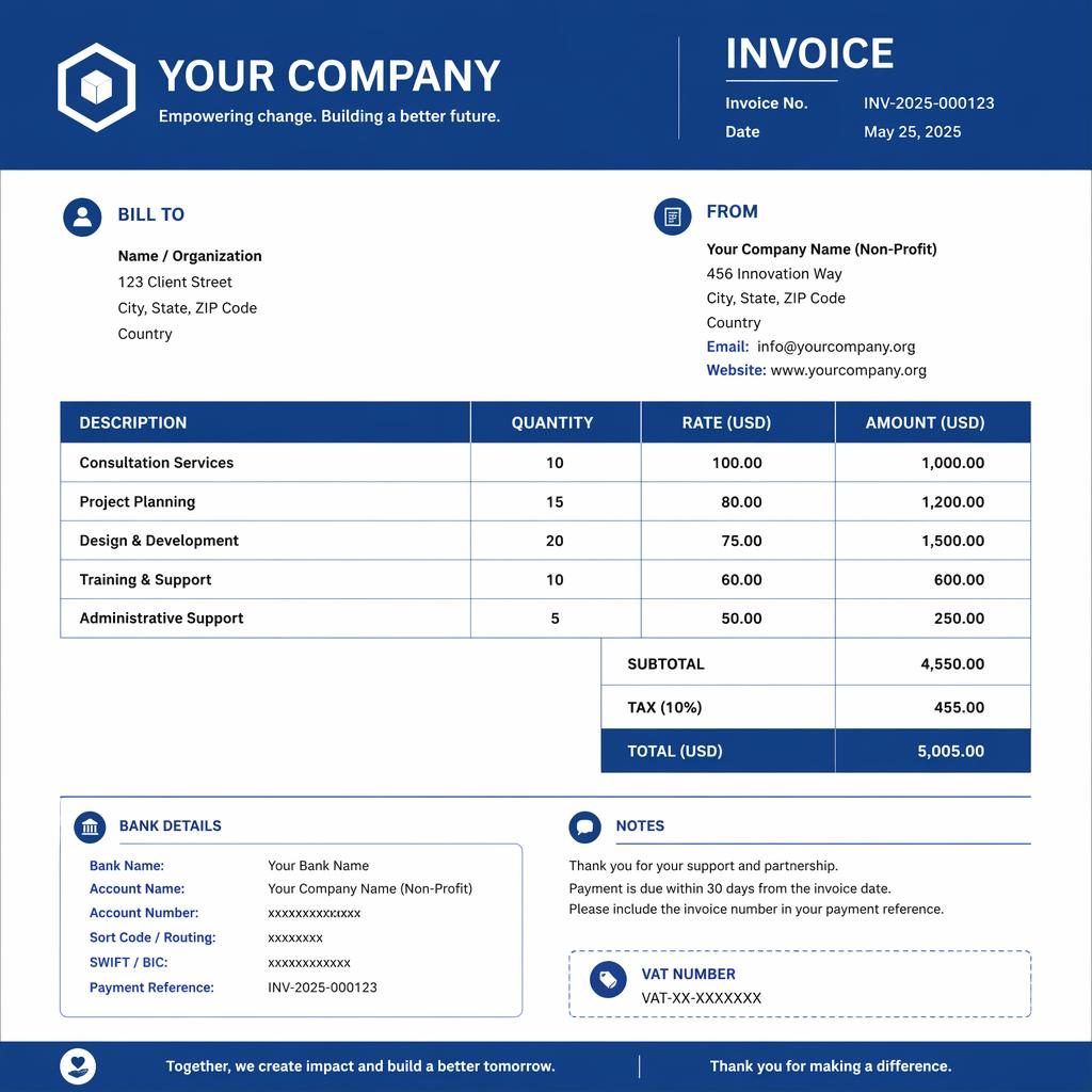 A4 portrait invoice template in tech blue with header bar, logo placeholder, item table, totals, and bank details placeholders.