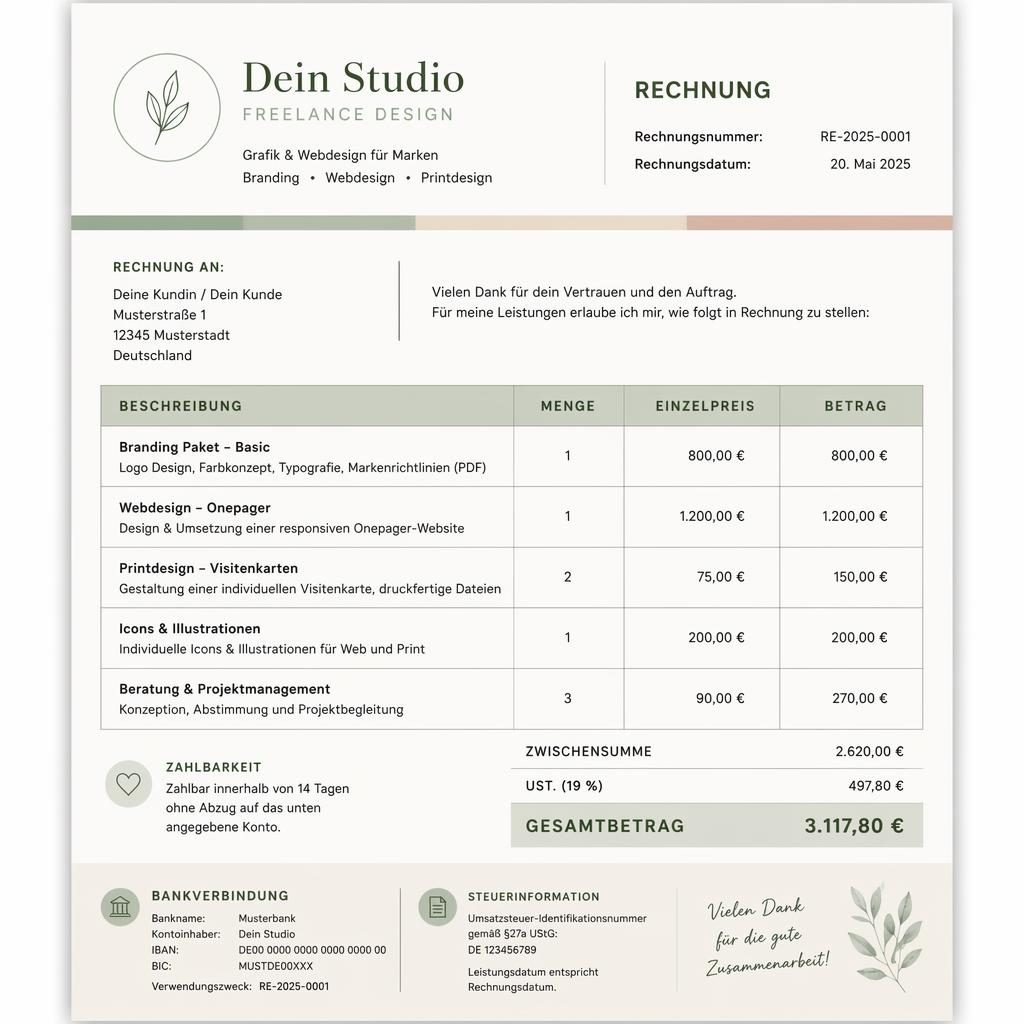 A4-Rechnungsvorlage im Boutique-Stil in Salbei und Elfenbein mit Kopfzeile, Positionstabelle, Summenbereich und Platzhaltern.