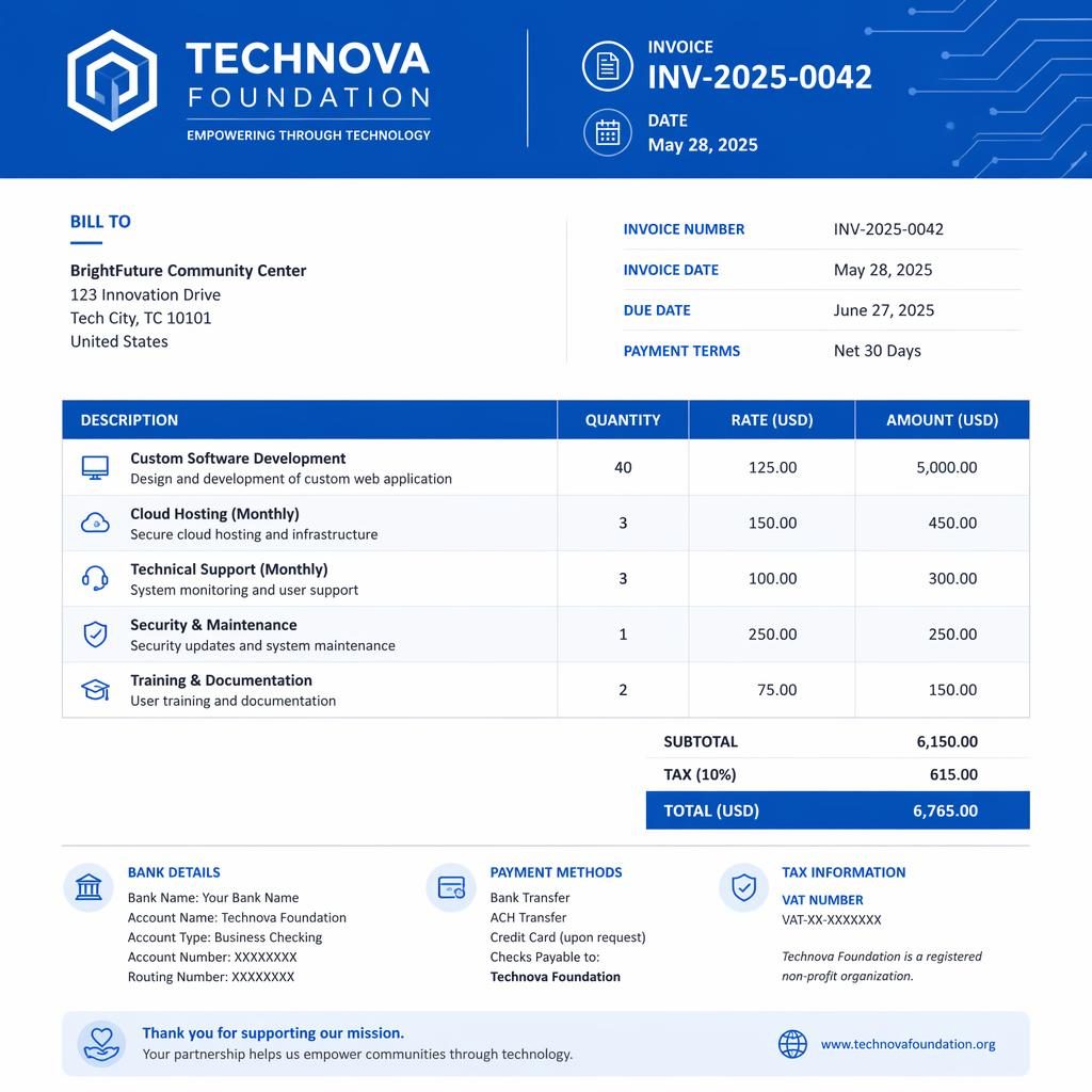 A4 portrait invoice template with blue header, itemized table, totals section, and placeholder banking details.