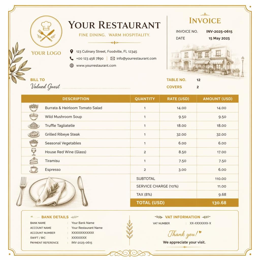 A4 portrait restaurant invoice template in gold and cream with header, itemized table, totals, and placeholder bank details.