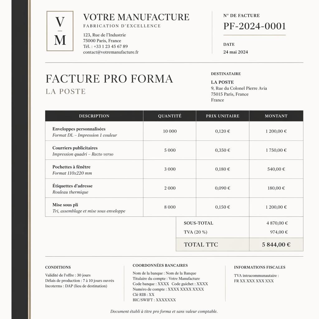 Modèle A4 vertical de facture pro forma élégant, en noir et blanc, avec en-tête, tableau, totaux et bande latérale.