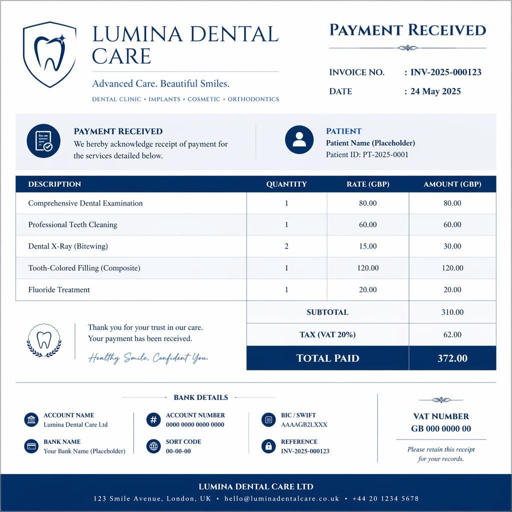 A4 portrait luxury serif medical invoice template in tech blue with header, item table, totals, and placeholder bank details.