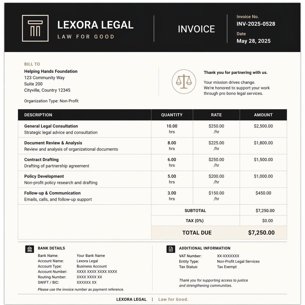 A4 portrait law firm invoice template with black and warm white palette, header bar, itemized table, totals, and bank placeholders.