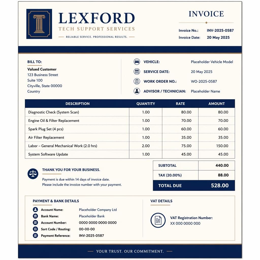 A4 portrait mechanic receipt invoice template with navy and cream layout, header, item table, totals, and bank placeholders.