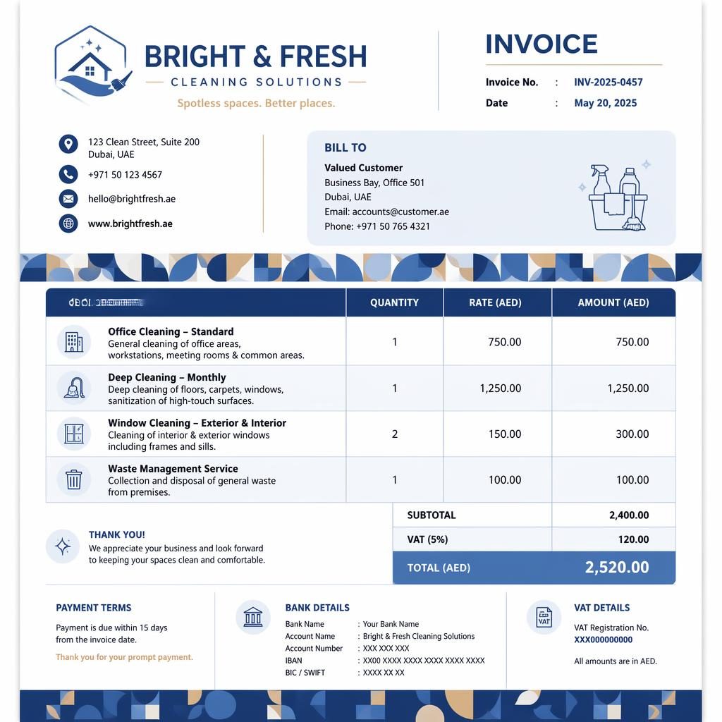 A4 portrait cleaning company invoice template with warm tech blue header, geometric accent band, itemized table, totals, and placeholder bank details.