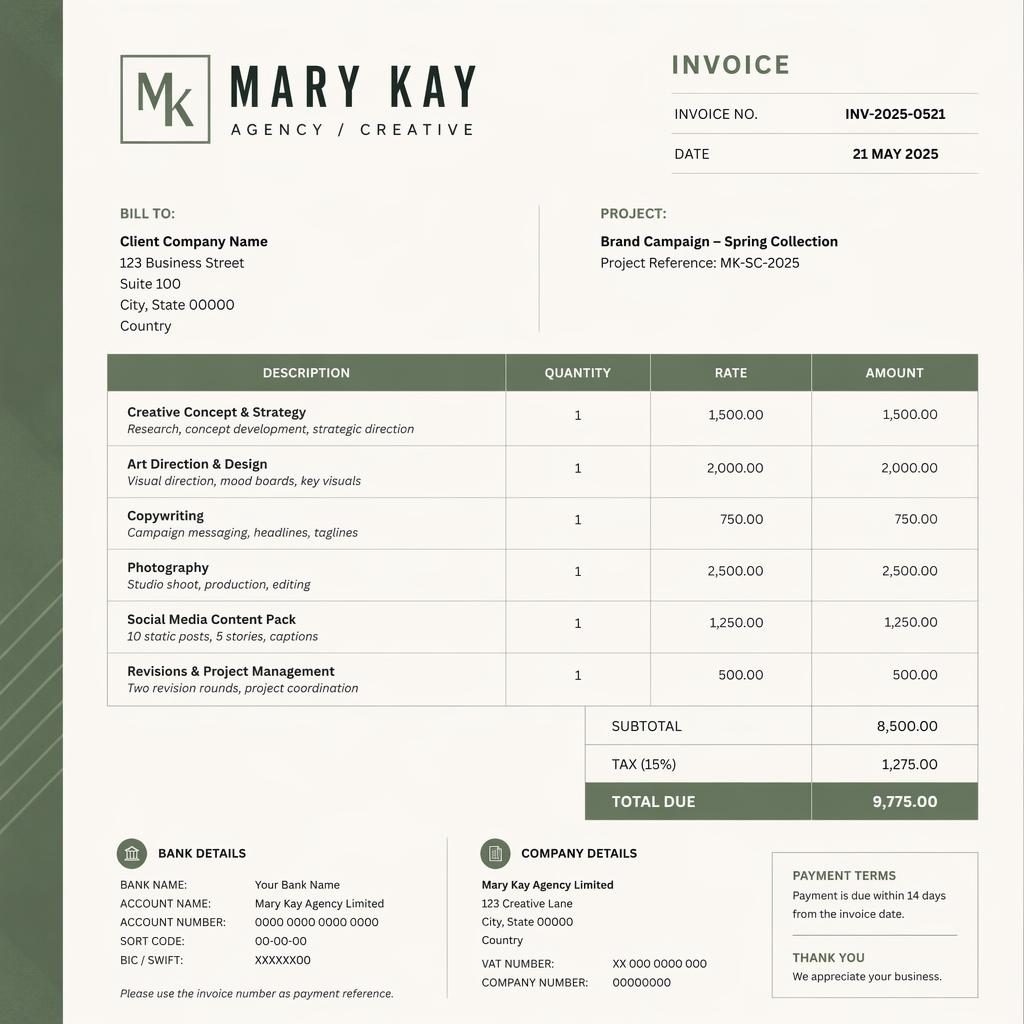 A4 portrait invoice template in sage and ivory with an industrial layout, side accent stripe, header, item table, totals, and bank details placeholders.