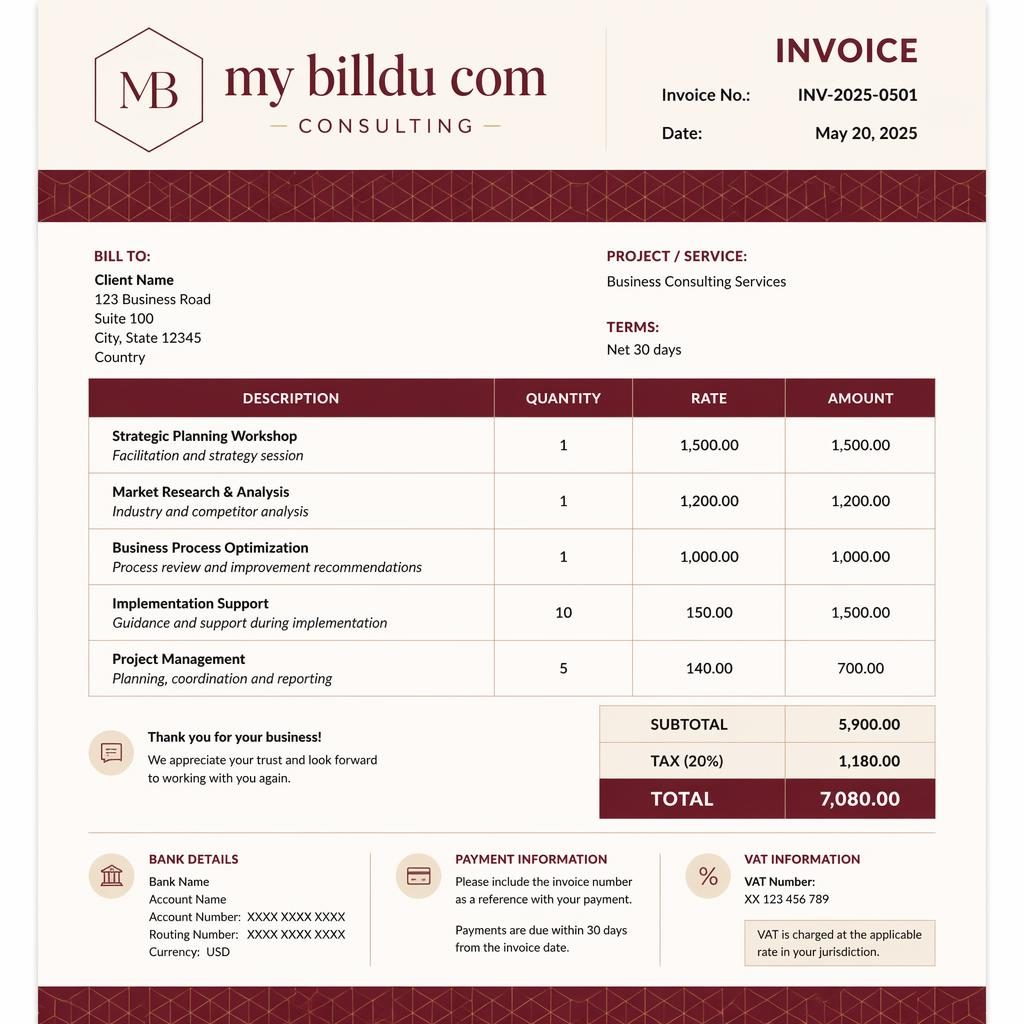 A4 portrait consulting invoice template in warm burgundy with geometric band, itemized table, totals, and bank placeholders.