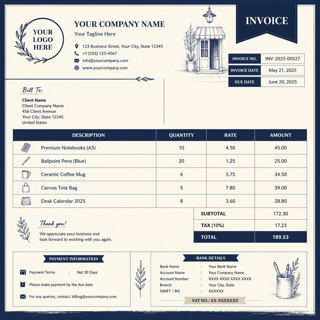 A4 portrait invoice template illustration in navy and cream with header, item table, totals, and bank detail placeholders