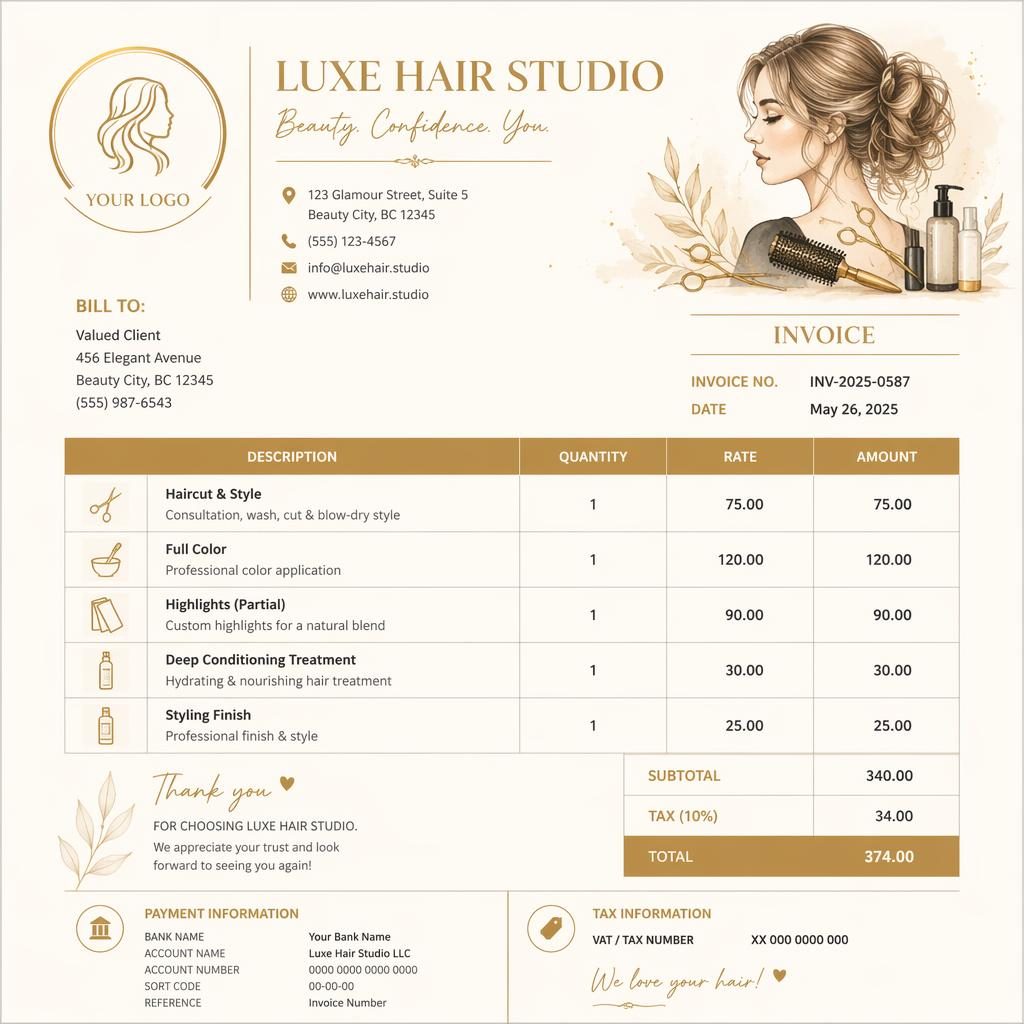 A4 portrait hair salon invoice template with gold and cream palette, illustrated accents, item table, totals, and bank placeholders.