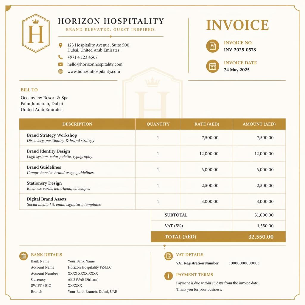A4 portrait branding invoice template with gold and cream palette, header, itemized table, totals, and bank detail placeholders.