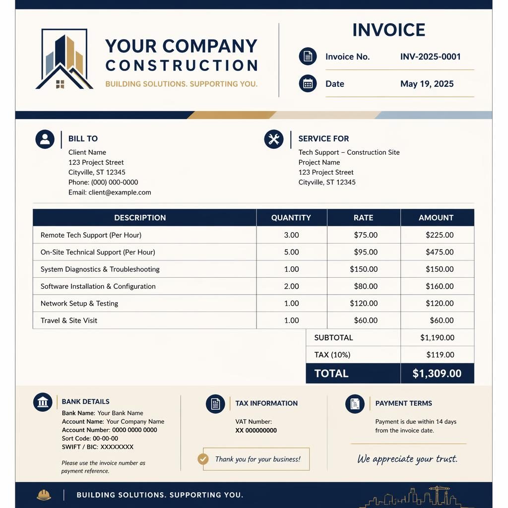 A4 portrait construction receipt form invoice template with navy and cream header, itemized table, totals, and bank placeholders.