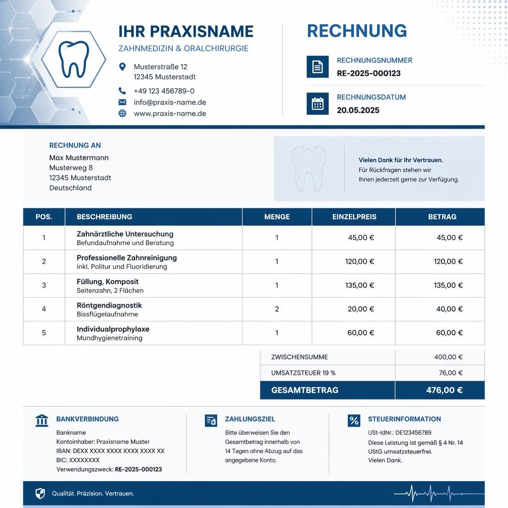 A4-Rechnungsvorlage im Hochformat mit blauem Tech-Design, Kopfbereich, Positionstabelle und Summenblock unten.