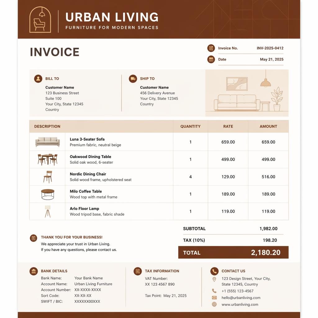 A4 portrait furniture store invoice template with warm earth header, itemized table, totals, and placeholder bank details.