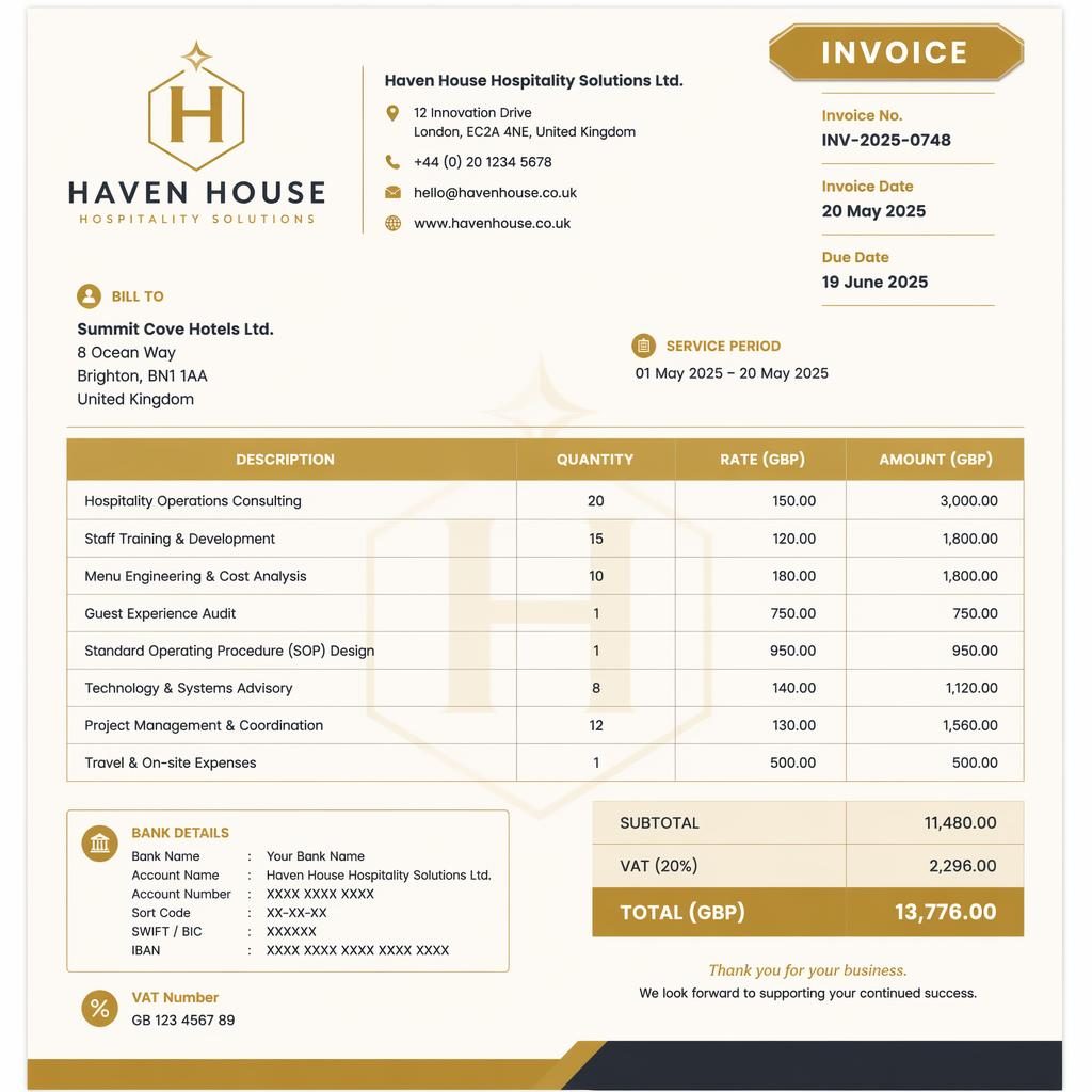 A4 portrait hospitality invoice template with gold and cream layout, item table, totals section, and bank detail placeholders.