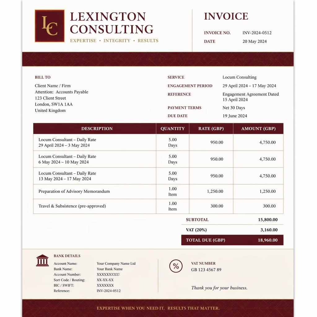 A4 portrait locum invoice template with burgundy header, geometric accent band, itemized table, totals, and bank placeholders