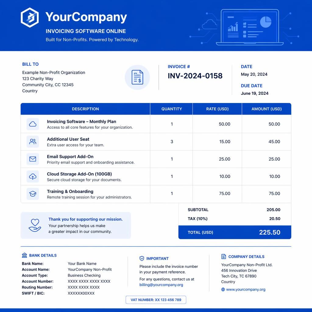 A4 portrait invoice template in tech blue with header bar, itemized table, totals section, and placeholder bank details.