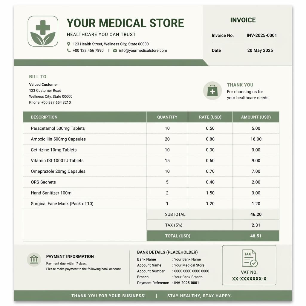 A4 portrait invoice template in sage and ivory with header, item table, totals, and placeholder bank and VAT details.