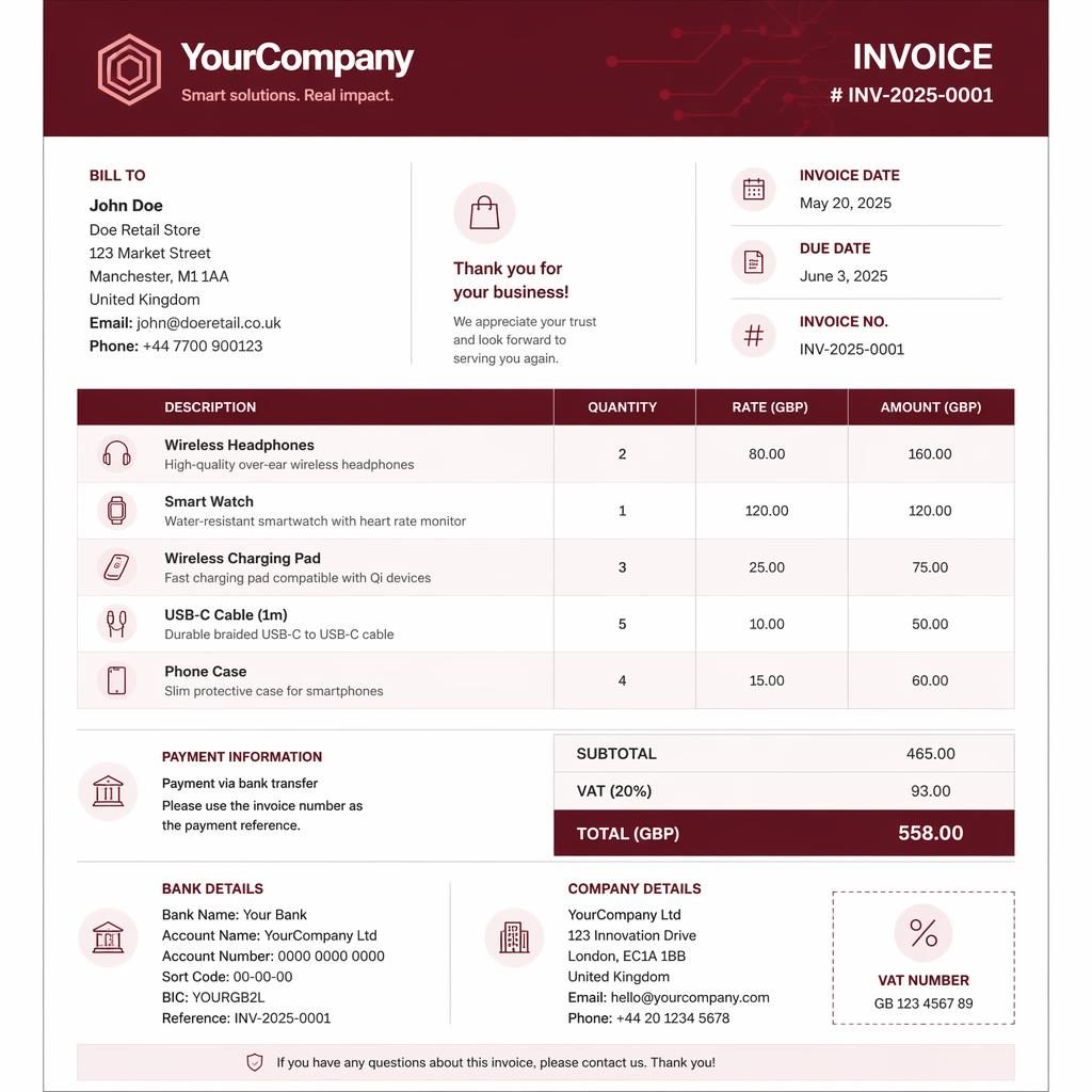 A4 portrait retail invoice template with warm burgundy header, logo placeholder, itemized table, totals, and bank details placeholders.