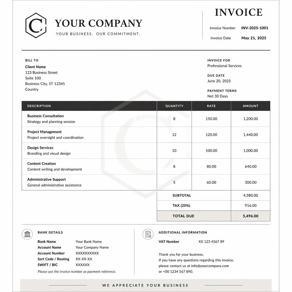 A4 portrait monochrome invoice template with header, itemized table, totals, bank placeholders, and watermark accent