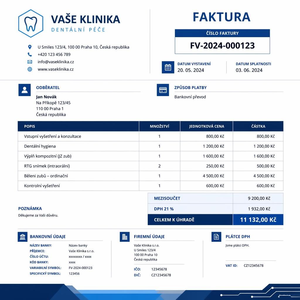 A4 faktura sablona pro zdravotní nebo zubní praxi s modrou hlavičkou, tabulkou položek a součty dole
