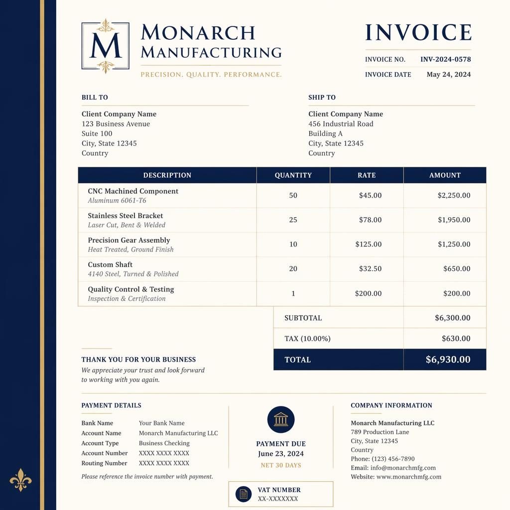 A4 portrait luxury invoice template in navy and cream with serif styling, side stripe, item table, totals, and bank placeholders.