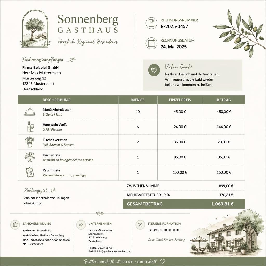 Illustrative A4-Rechnungsvorlage im Hochformat in Salbei und Elfenbein mit Kopfbereich, Positionstabelle und Summenblock.