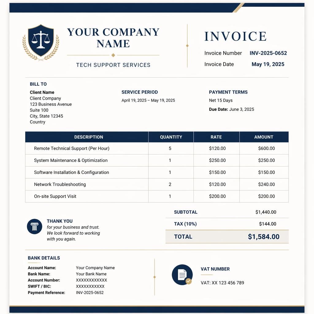 A4 portrait invoice template in navy and cream with classic law-firm styling, header, itemized table, totals, and bank placeholders.