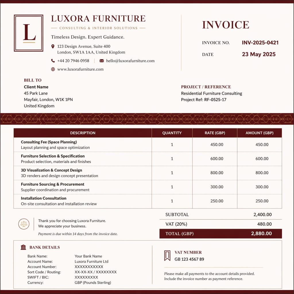 A4 portrait furniture shop invoice template with burgundy header, geometric accent band, itemized table, totals, and bank placeholders.