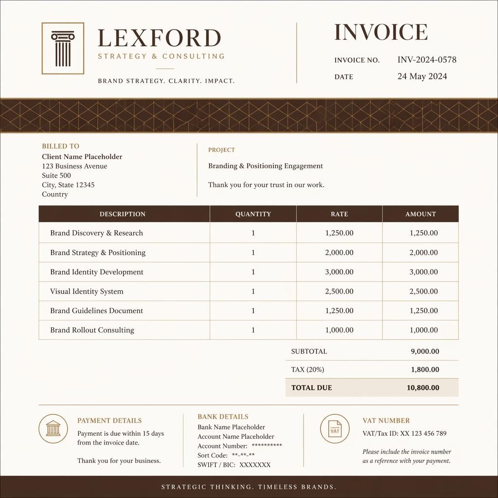 A4 portrait branding invoice template with warm earth tones, geometric band accent, itemized table, totals, and placeholder bank details.