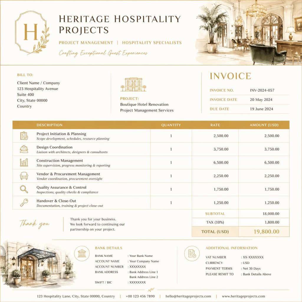 A4 portrait project management invoice template with gold and cream palette, illustrated accents, itemized table, totals, and bank placeholders.