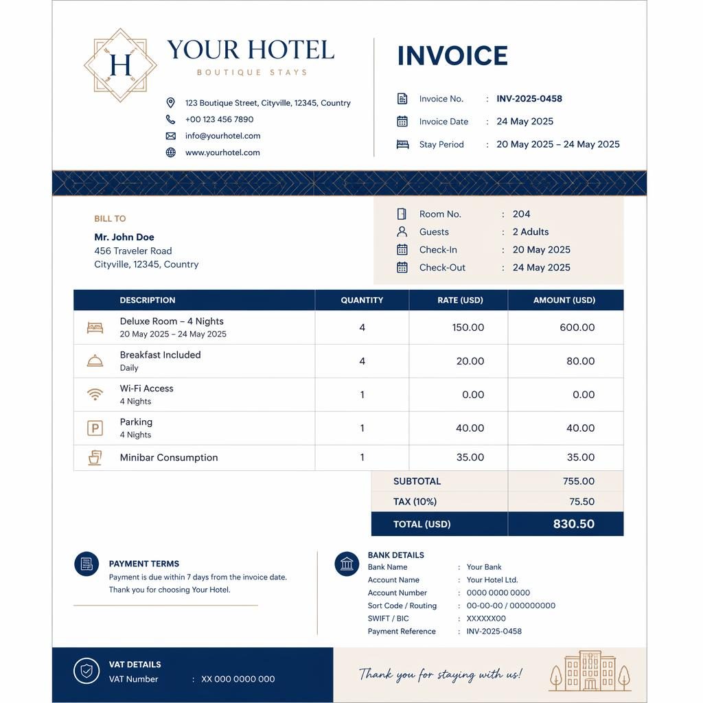 A4 hotel room invoice template layout with blue boutique styling, itemized table, totals, logo header, and bank detail placeholders.
