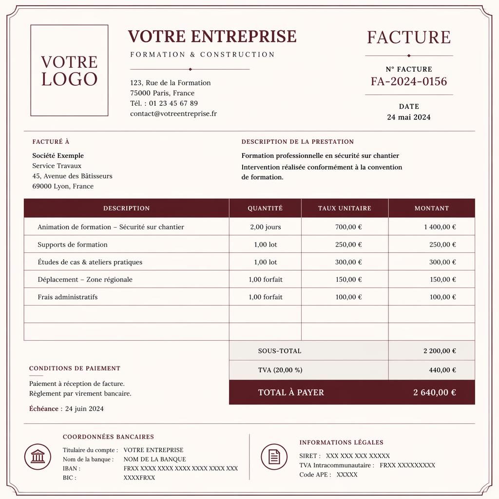 Modèle de facture A4 portrait bordeaux, style serif luxe, tableau de lignes, totaux et coordonnées bancaires fictives.