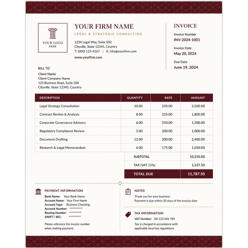 A4 portrait consulting invoice template with burgundy header, geometric band, item table, totals, and bank placeholders.