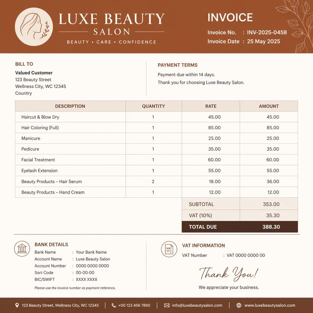 A4 portrait beauty salon invoice sample template with warm earth tones, header bar, itemized table, totals, and bank placeholders.