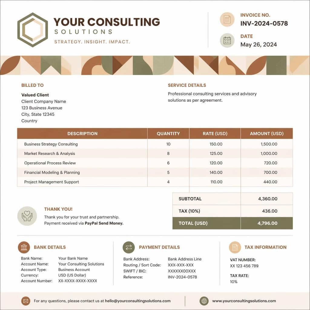 A4 portrait consulting invoice template with minimal earth-tone design, geometric accent band, itemized table, totals, and placeholders.