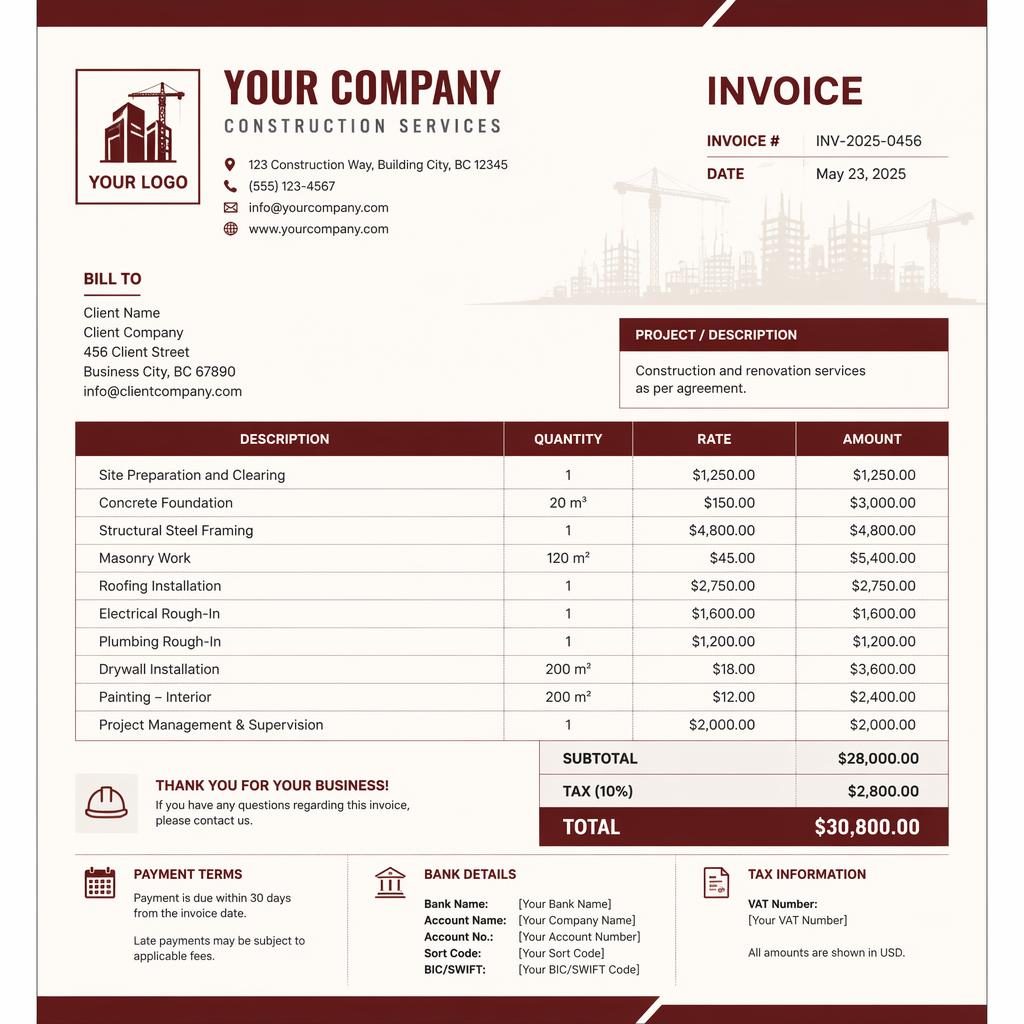 A4 portrait contractor invoice template with burgundy header, itemized table, totals, and placeholder bank details.