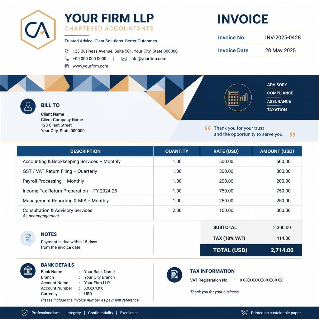 A4 portrait invoice template with blue boutique styling, geometric accent band, itemized table, totals, and bank placeholders.