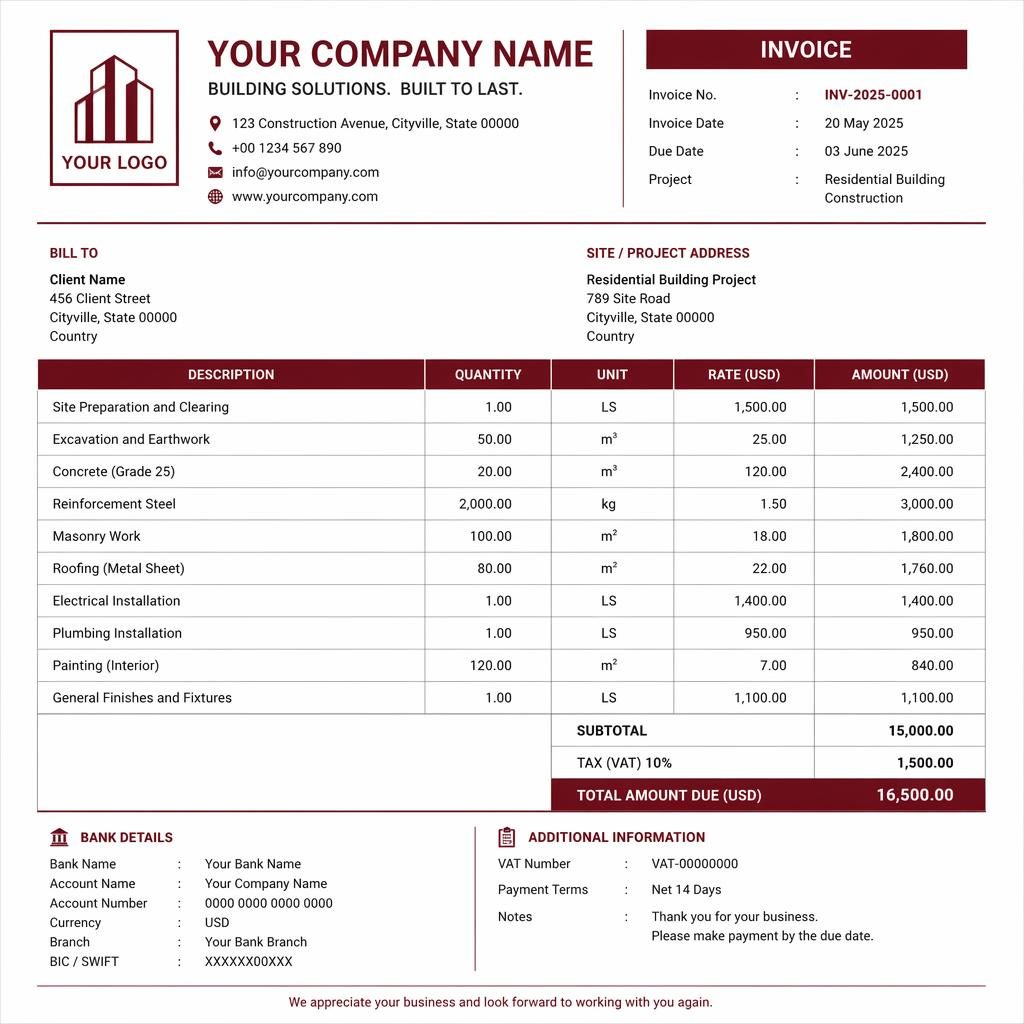 A4 portrait invoice template with burgundy header, itemized table, totals section, and placeholder bank and VAT details.