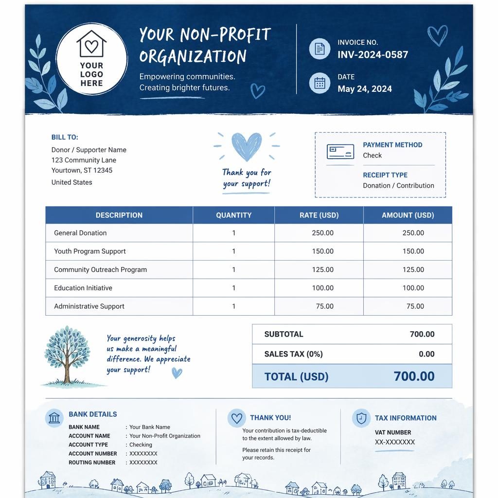 A4 portrait nonprofit invoice template in warm hand-illustrated tech blue style with header bar, item table, totals, and bank detail placeholders.