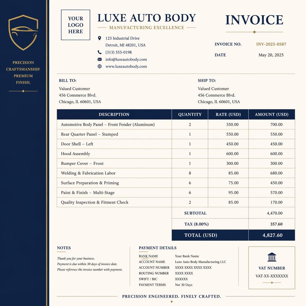 A4 portrait auto body invoice template with navy and cream palette, serif header, itemized table, totals, and bank placeholders.