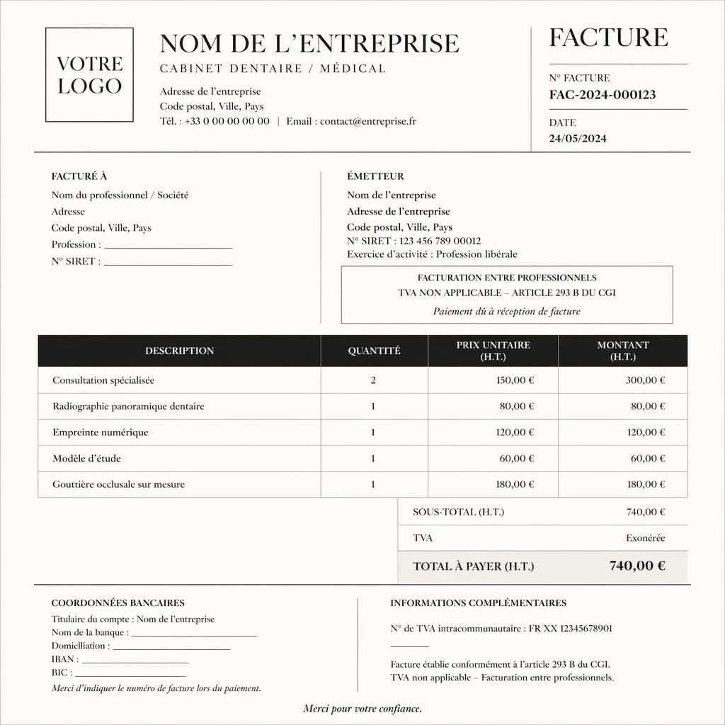 Modèle de facture A4 portrait premium noir et blanc cassé, tableau détaillé, totaux, coordonnées bancaires fictives.